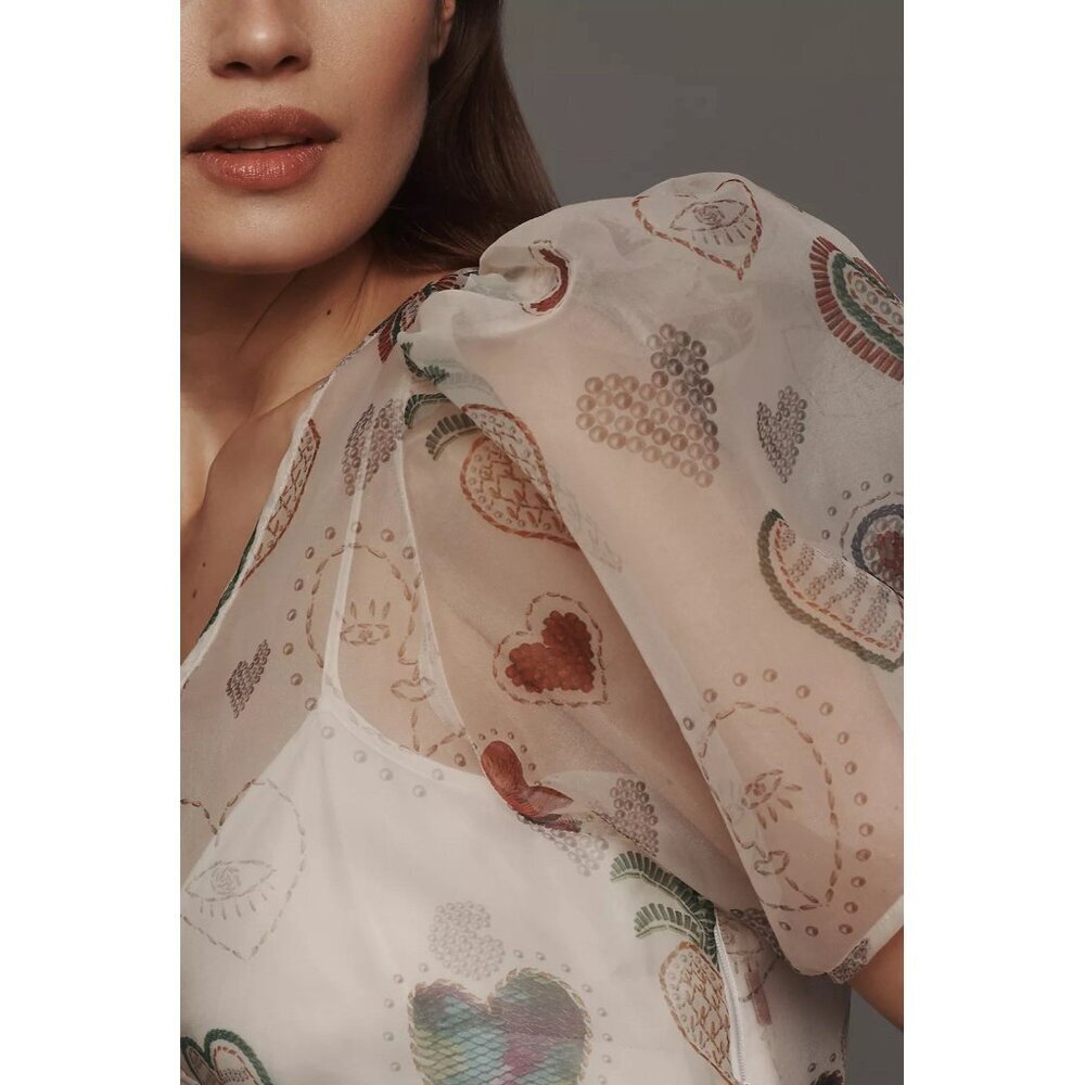 NWT Size S - Farm Rio x Anthropologie Semi-Sheer Puff-Sleeve Dress (NWT US$ 228) - Picture 4 of 13